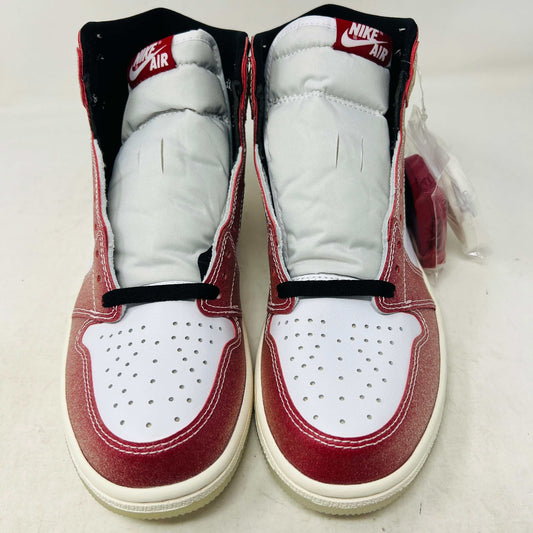 Brand new Jordan 1 Retro High Trophy Room Chicago sneakers in red, white, and black on a blue Nike box. An invitation card from 2021 and a basketball-themed certificate in front highlight the authenticity of these iconic Jordan shoes.