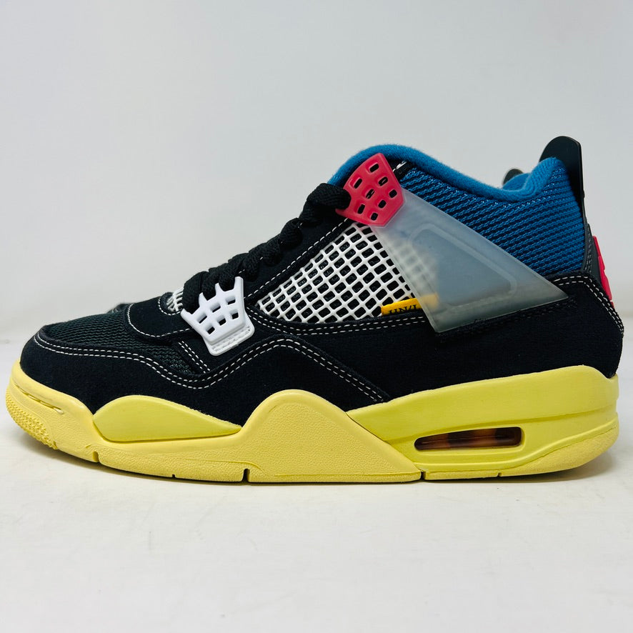 The Jordan 4 Retro Union Off Noir, launched in 2020, showcases a black exterior with a vibrant yellow sole, white mesh sides, and a blue interior. Red details accent the laces while the heel features a visible air pocket. It is presented in pristine condition on a plain white background.