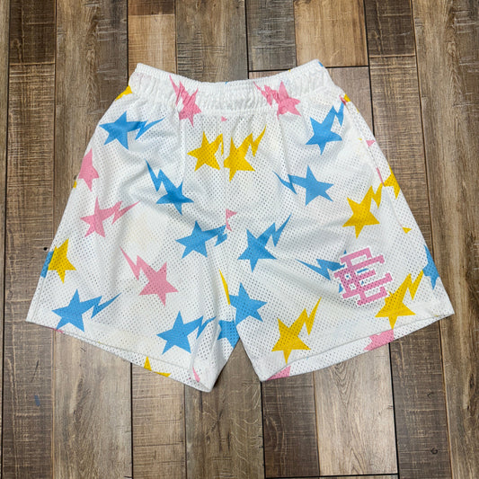 Eric Emanuel x BAPE EE Basic Short in white with yellow, blue, and pink stars, preowned.