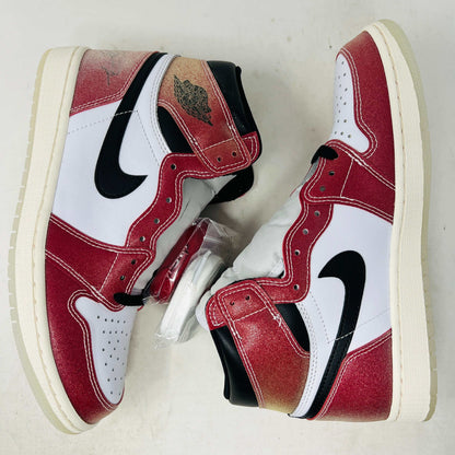Brand new Jordan 1 Retro High Trophy Room Chicago sneakers in red, white, and black on a blue Nike box. An invitation card from 2021 and a basketball-themed certificate in front highlight the authenticity of these iconic Jordan shoes.