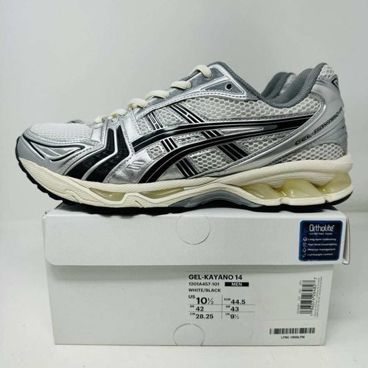 ASICS Gel-Kayano 14 JJJJound Silver Black sneaker, size 10.5M, 2022 model, clean condition displayed on box.