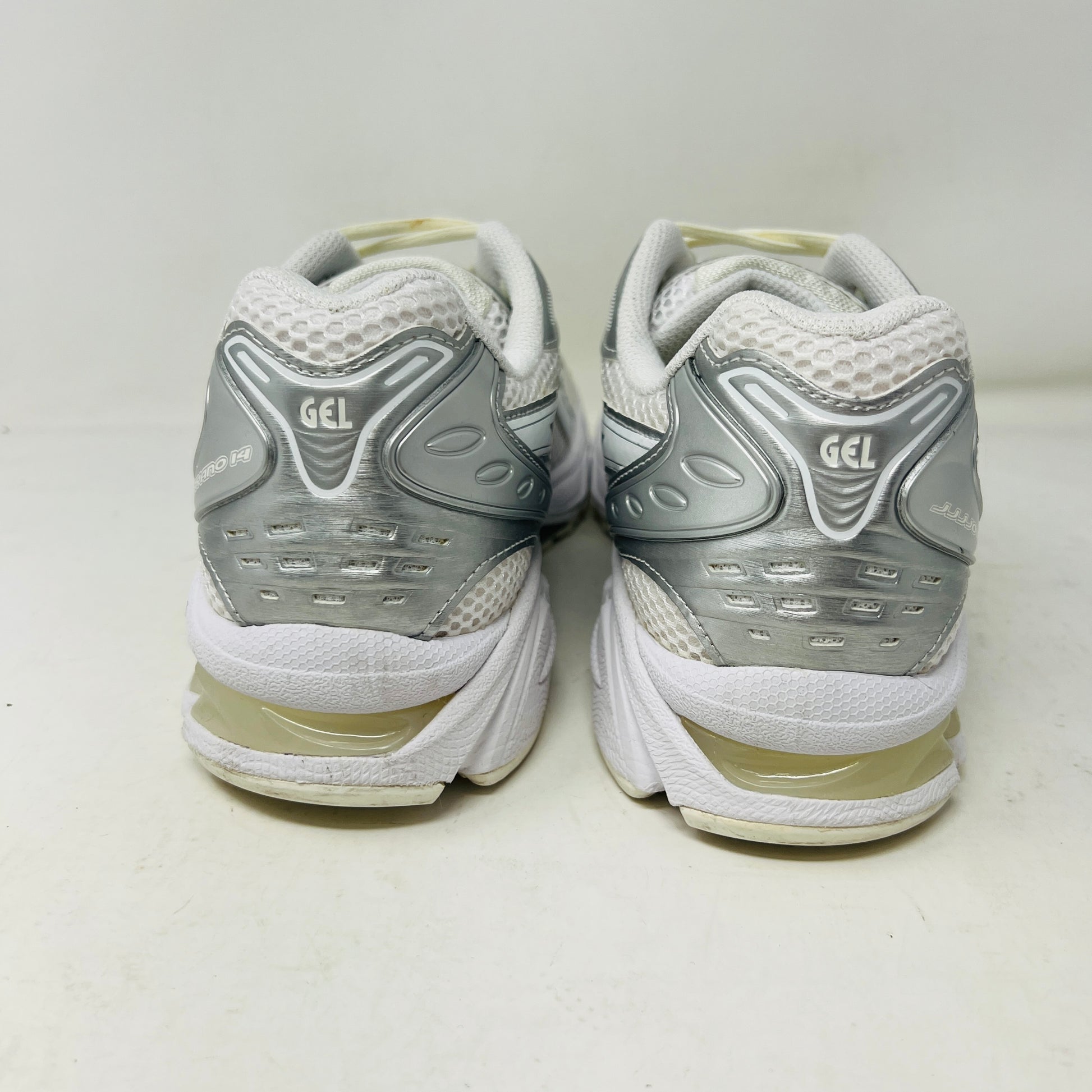 ASICS Gel-Kayano 14 JJJJound Silver White sneaker with clean upper, light wear, in 2021 edition; includes extra laces, on box.
