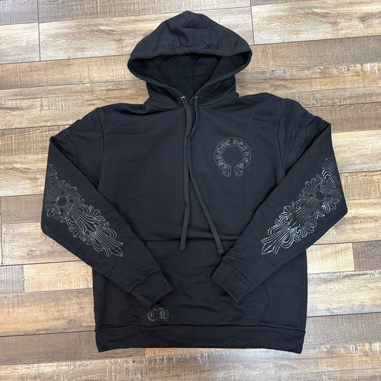 Chrome Hearts Black Pullover Horseshoe Floral Hoodie