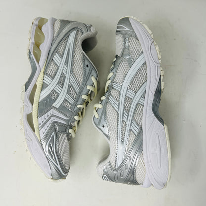 ASICS Gel-Kayano 14 JJJJound Silver White sneaker with clean upper, light wear, in 2021 edition; includes extra laces, on box.