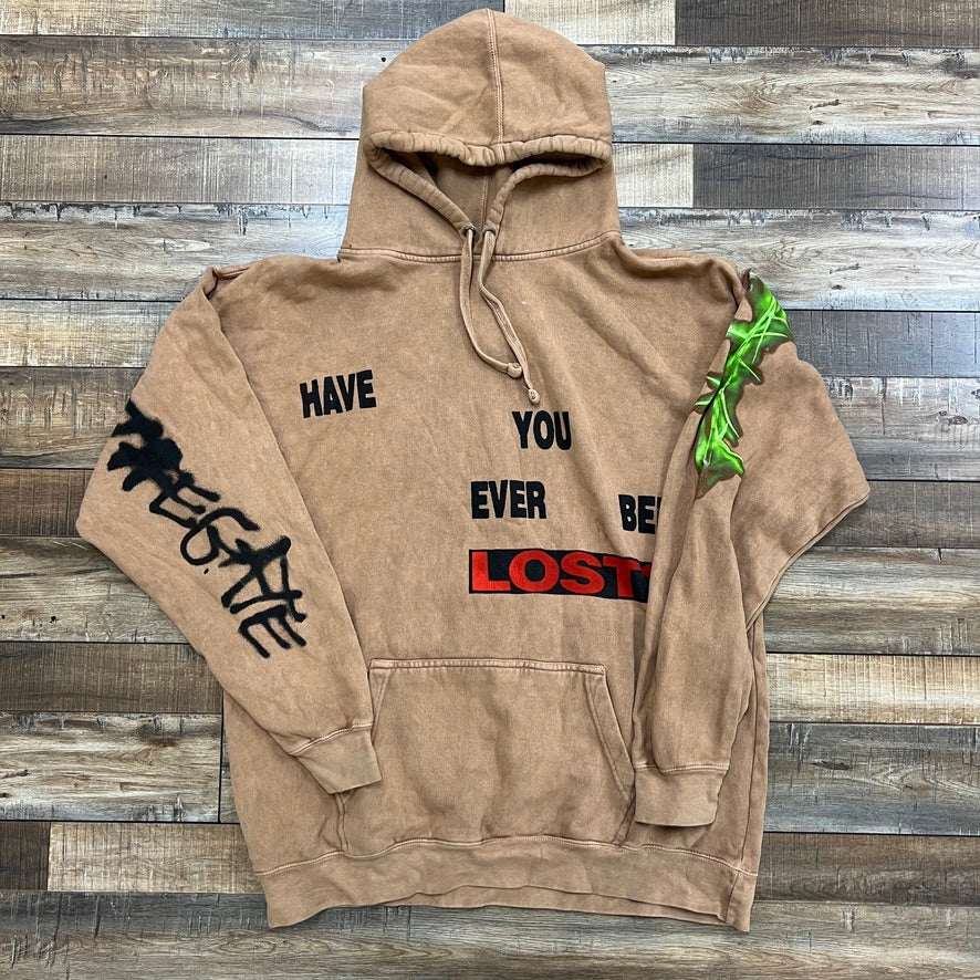 Travis Scott brown Live at The Gate preowned XL hoodie with graphic text and green sleeve design