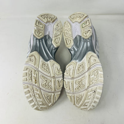 ASICS Gel-Kayano 14 JJJJound Silver White sneaker with clean upper, light wear, in 2021 edition; includes extra laces, on box.
