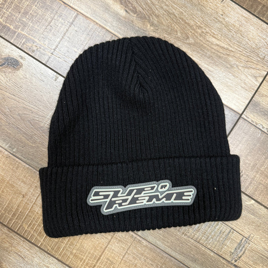 Black Supreme Raised Logo Patch Beanie, preowned condition.