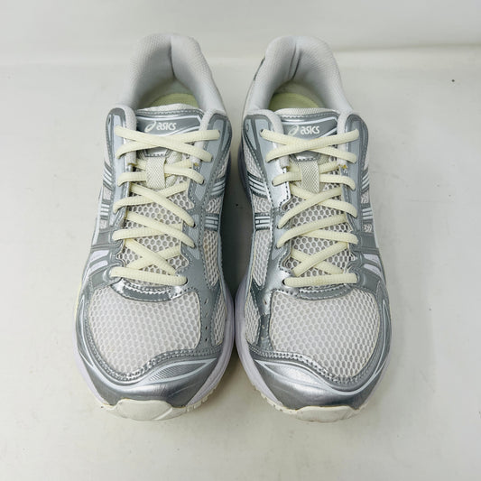 ASICS Gel-Kayano 14 JJJJound Silver White sneaker with clean upper, light wear, in 2021 edition; includes extra laces, on box.