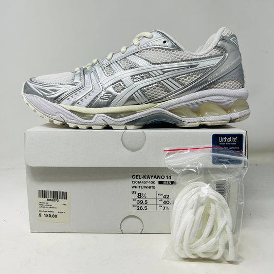 ASICS Gel-Kayano 14 JJJJound Silver White sneaker with clean upper, light wear, in 2021 edition; includes extra laces, on box.
