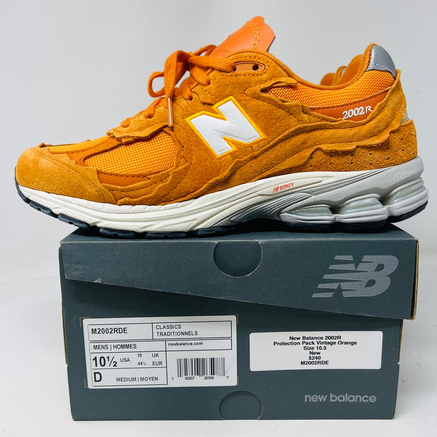 New Balance 2002R Protection Pack Vintage Orange sneaker on box, brand new condition, 2022 release.