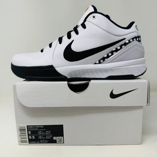 The Nike Kobe 4 Protro Mambacita Gigi is a white high-top sneaker with a black swoosh logo, featuring a patterned design near the heel. It has clean uppers with black laces and accents, and rests on a pristine white box labeled size 9.5.