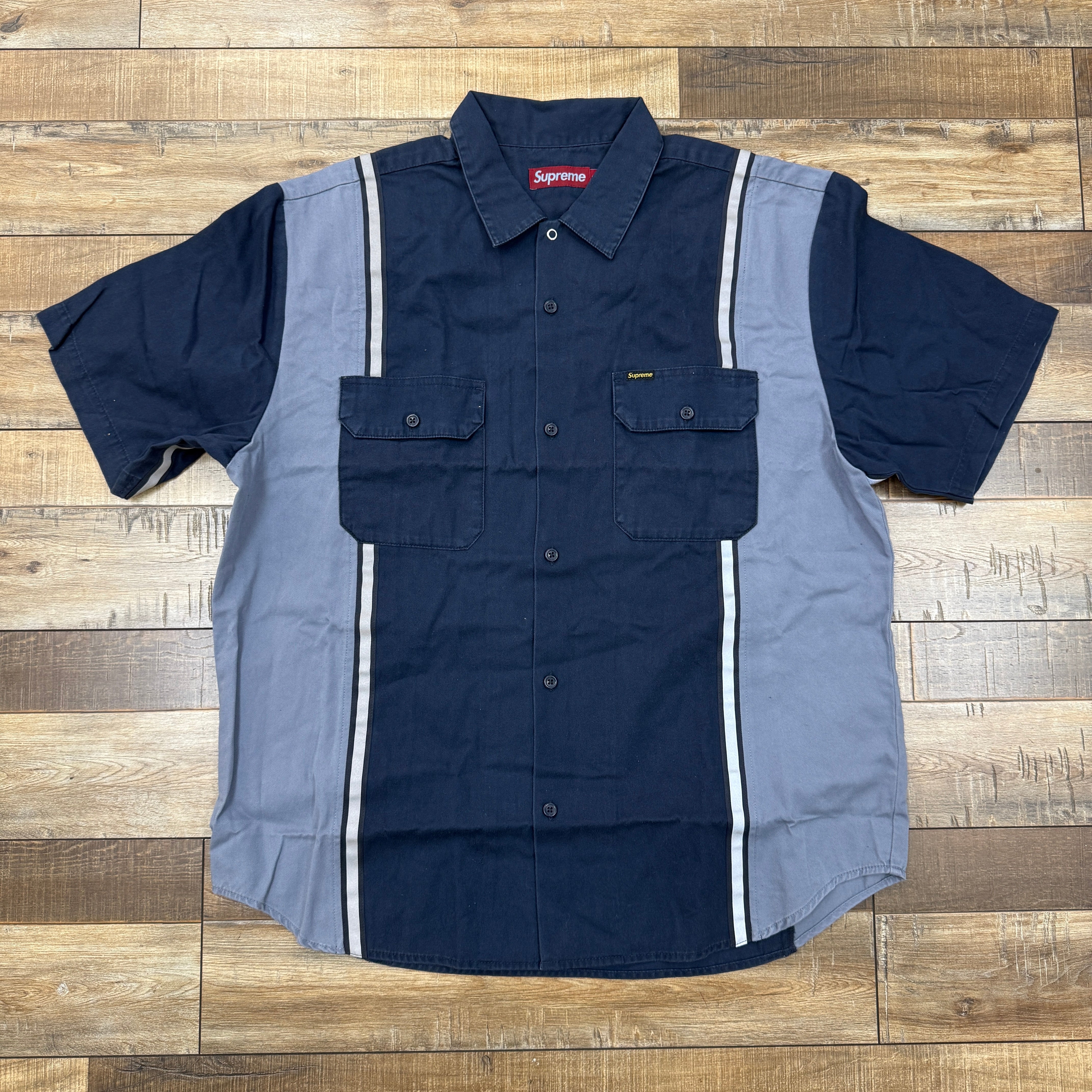 トップス supreme reflective stripe s/s work shirt Supreme Reflective Stripe S/S Work Shirt Navy – Holy Ground