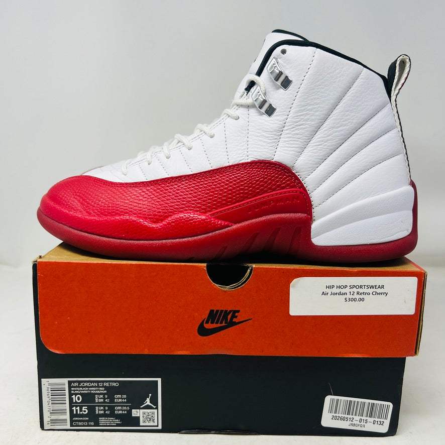 Jordan 12 Retro Cherry 2023 sneakers with clean uppers and general wear, good box condition