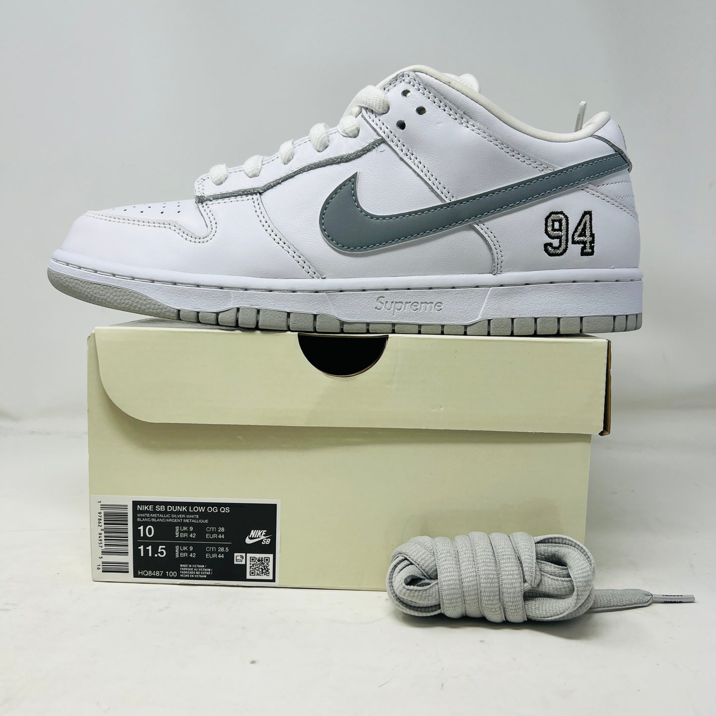 Nike SB Dunk Low Supreme 94 White Metallic Silver