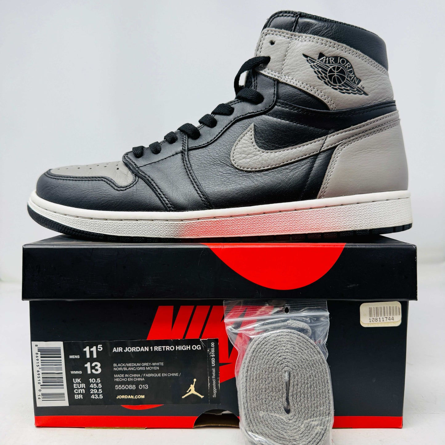Jordan 1 Retro High Shadow 2018 sneaker with clean uppers, extra laces, and good box condition
