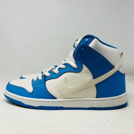 Nike SB Dunk High Rivalry sneakers, blue and white, clean condition, slight heel drag, 2014 model.