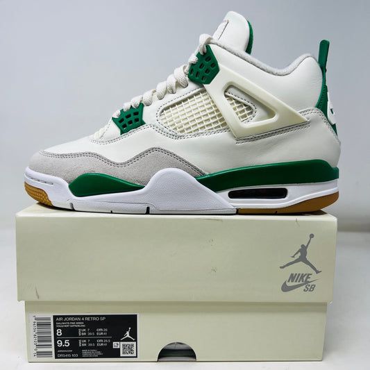 Jordan 4 Retro SB Pine Green sneakers with white and green accents, displayed atop original box, condition 9.9/10, year 2023.
