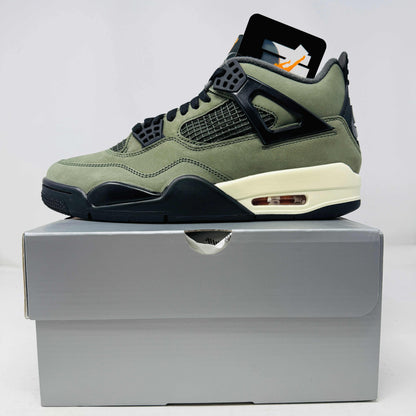 Jordan 4 Retro OG SP Undefeated sneaker in olive green and black on gray box, new condition with hang tag 2025