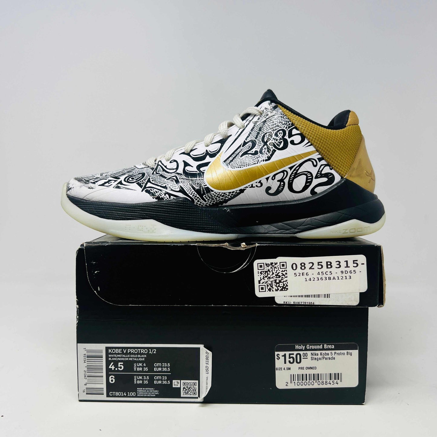 Nike Kobe 5 Protro Big Stage/Parade sneaker on box, condition 7.5/10, minor scuff on toe caps.