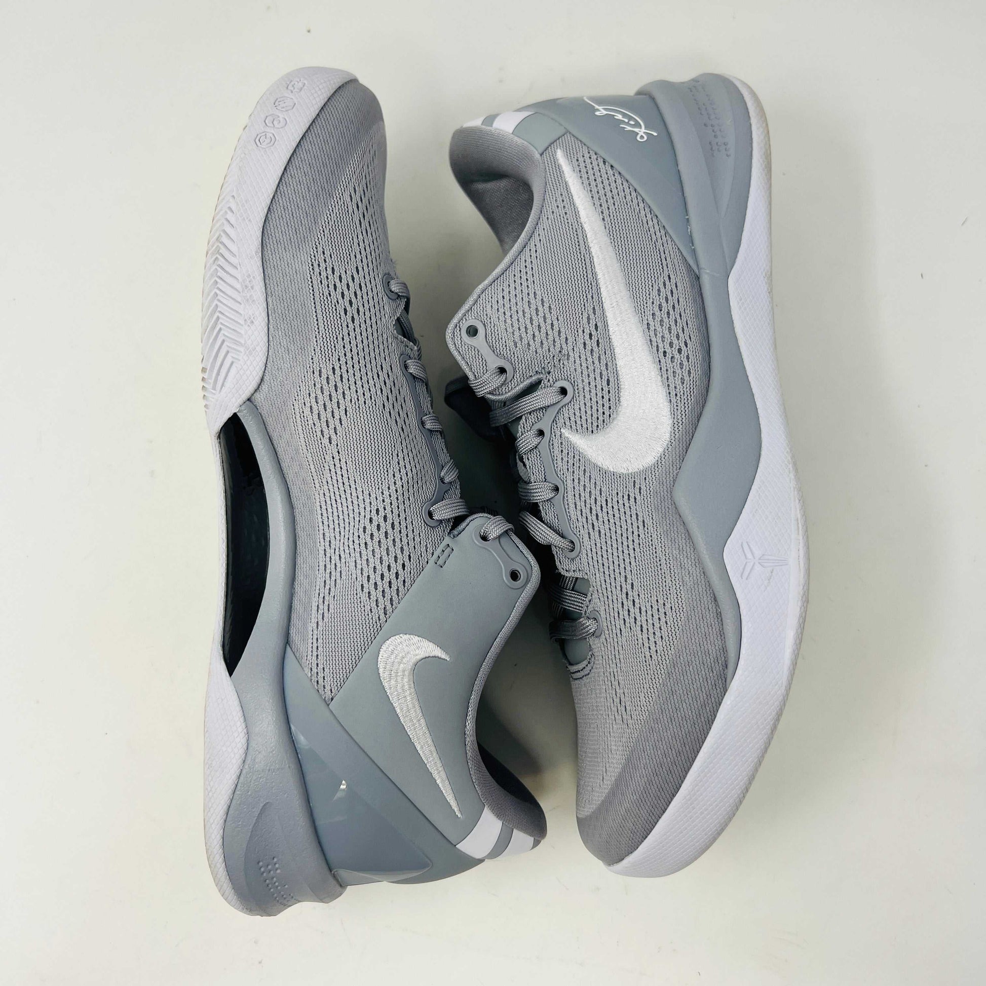Nike Kobe 8 Protro Wolf Grey sneakers on box, 8.5/10 condition, light wear, 2024 release.