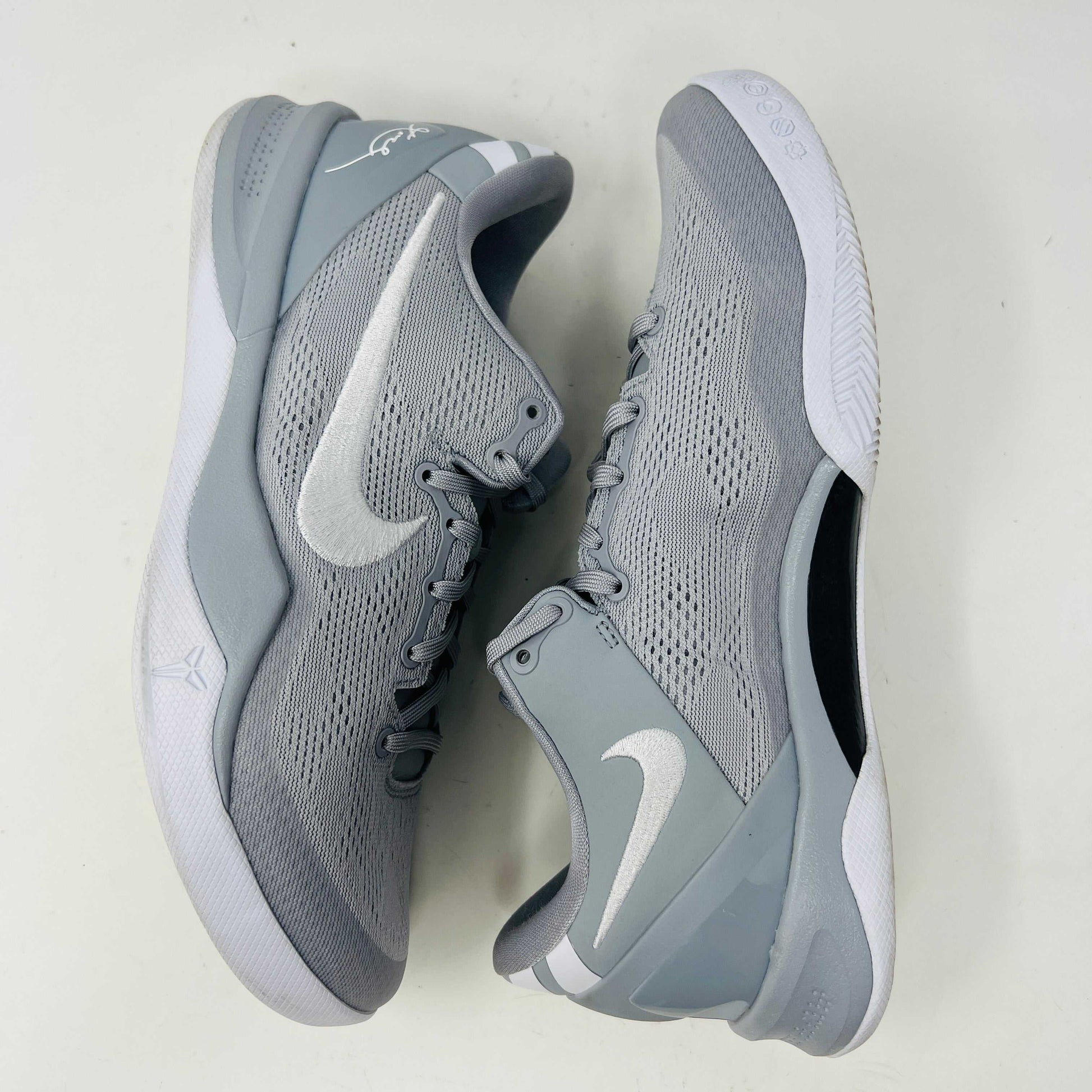 Nike Kobe 8 Protro Wolf Grey sneakers on box, 8.5/10 condition, light wear, 2024 release.