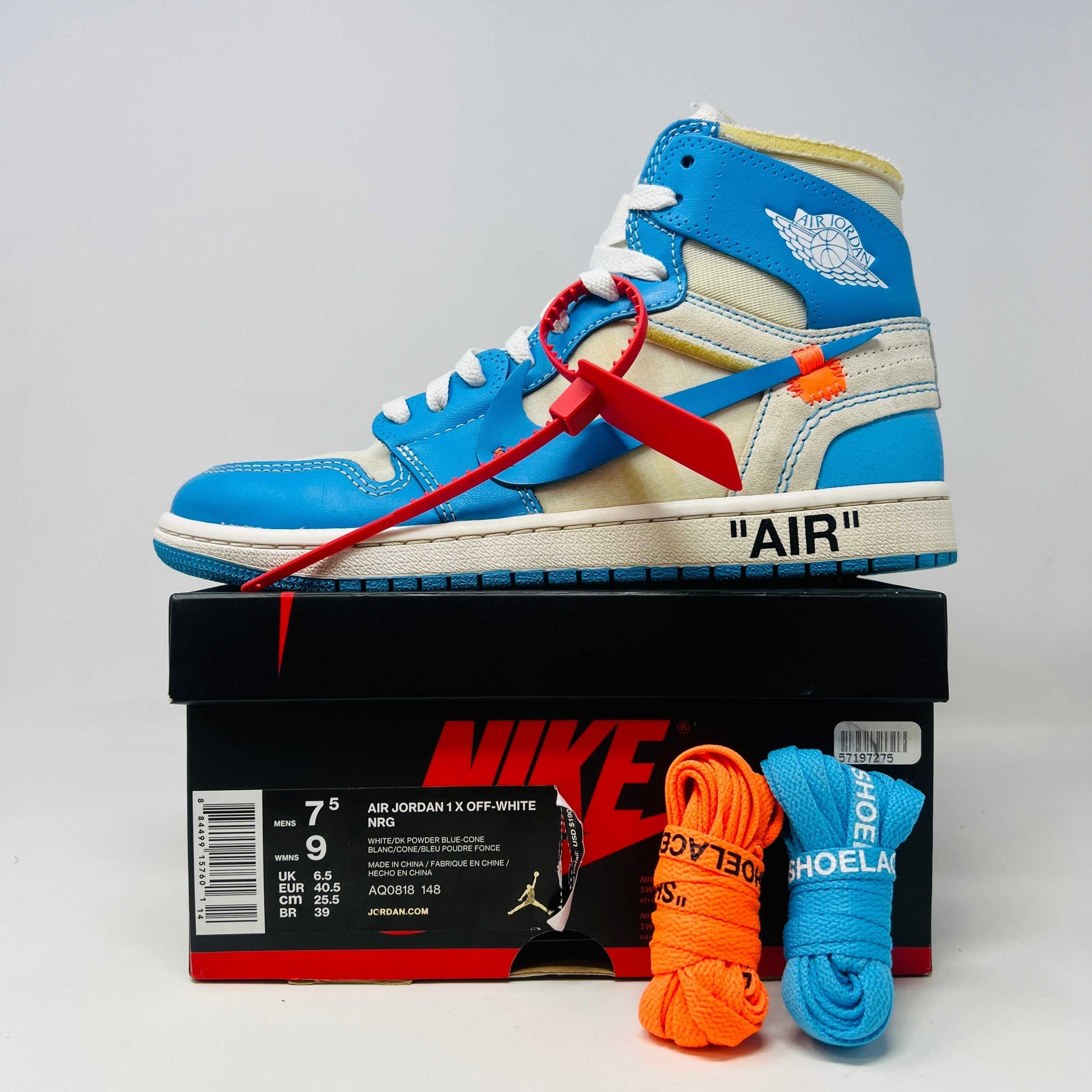 Jordan 1 Retro High Off-White University Blue sneakers with original box and laces.