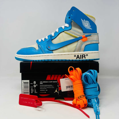 Jordan 1 Retro High Off-White University Blue with original box and accessories.