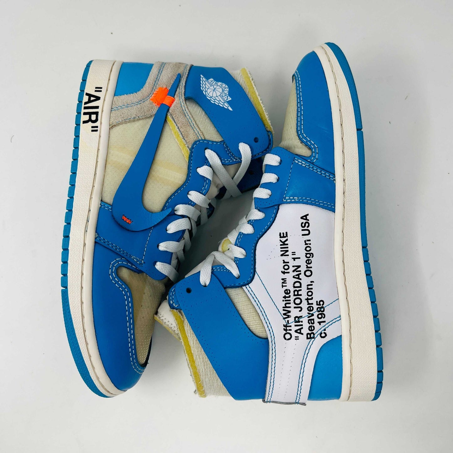 Jordan 1 Retro High Off-White University Blue sneakers, condition 8.5/10.