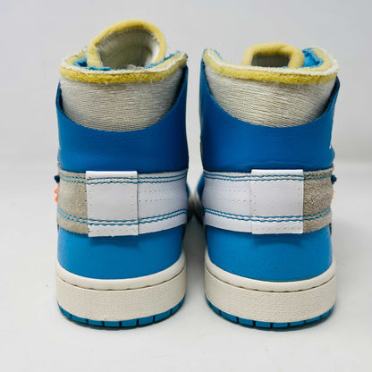 Jordan 1 Retro High Off-White University Blue sneakers, rear view, condition 8.5/10, 2018 release.