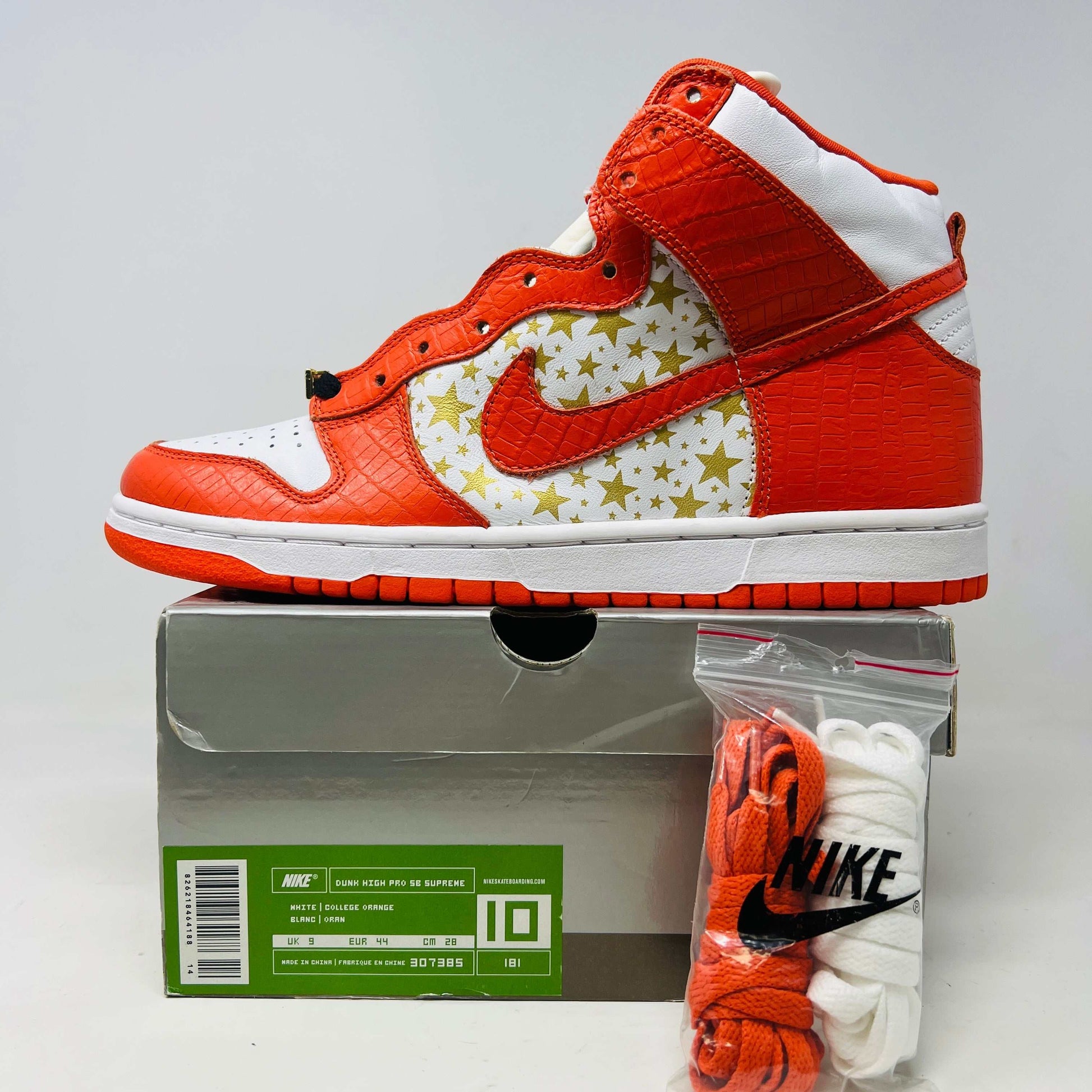 Nike Dunk High Pro SB Supreme Orange Stars sneakers, brand new with box and accessories, 2003 release.