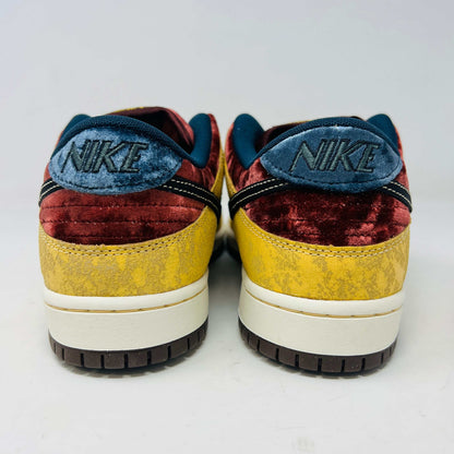 Nike SB Dunk Low City of Cinema sneakers, brand new, rear view showcasing velvet and textured design.
