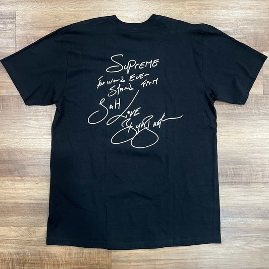 Supreme Buju Banton Tee Black, size L, brand new condition, with white script design on back, authentic Supreme clothing.