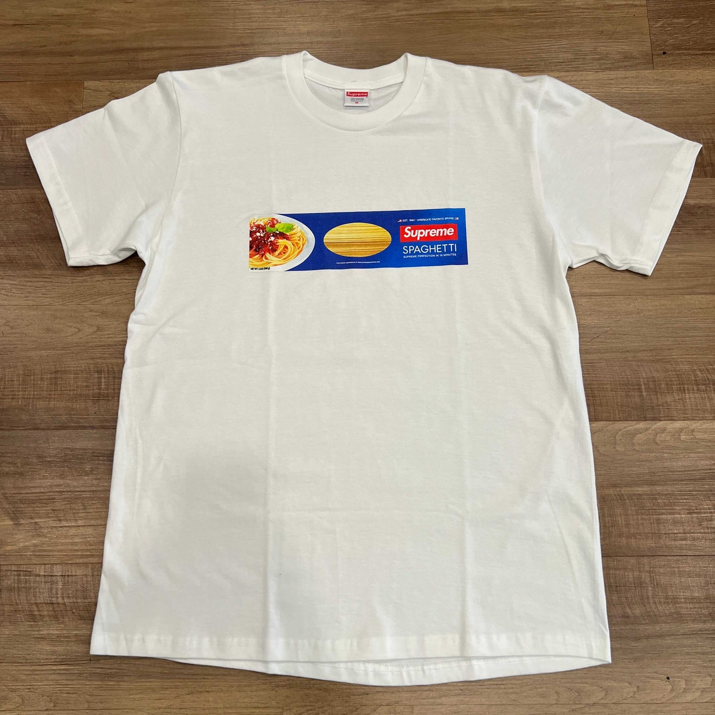 White Supreme Spaghetti Tee, size M, brand new condition.