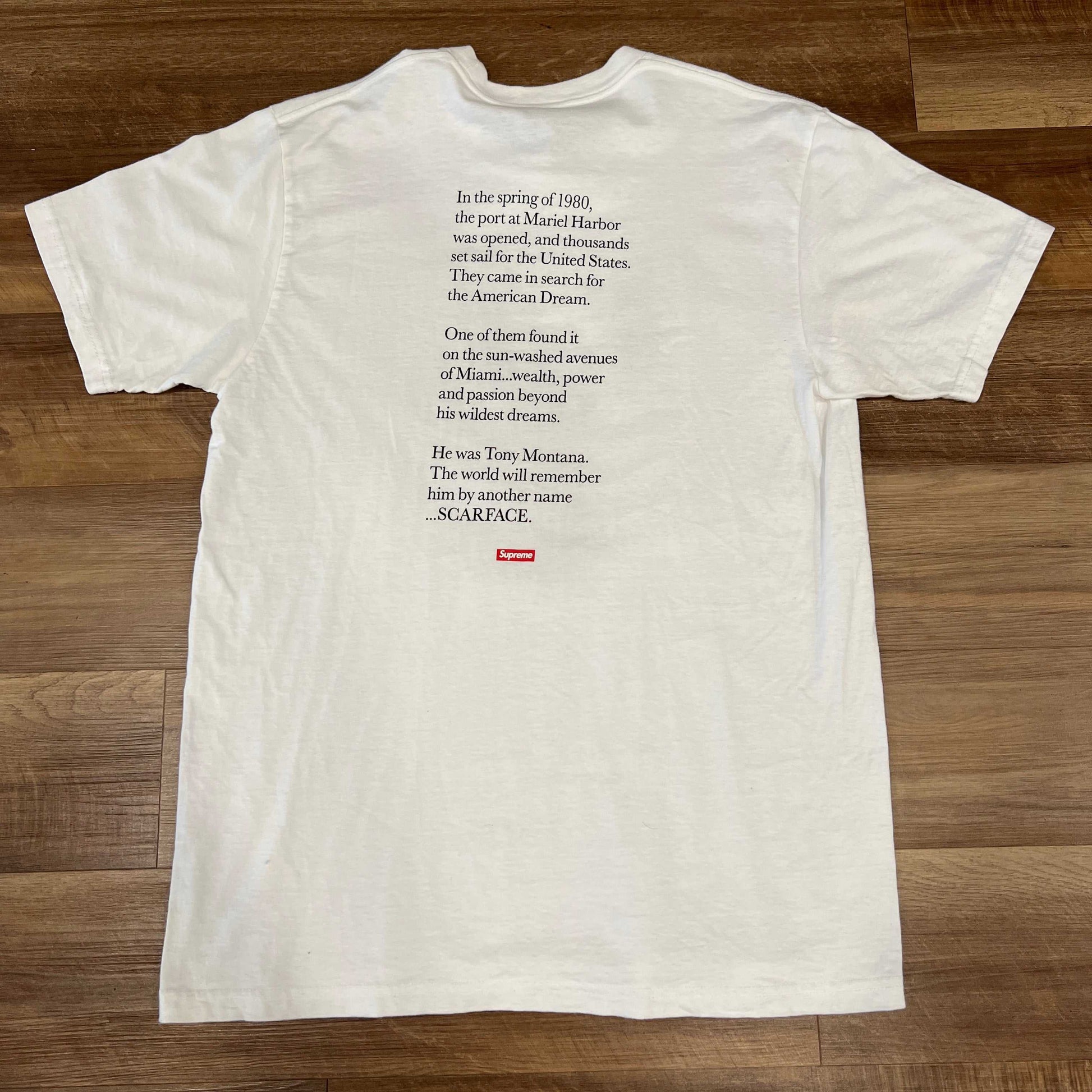 Supreme Scarface Friend Tee White, size L, preowned, featuring iconic text design on back.