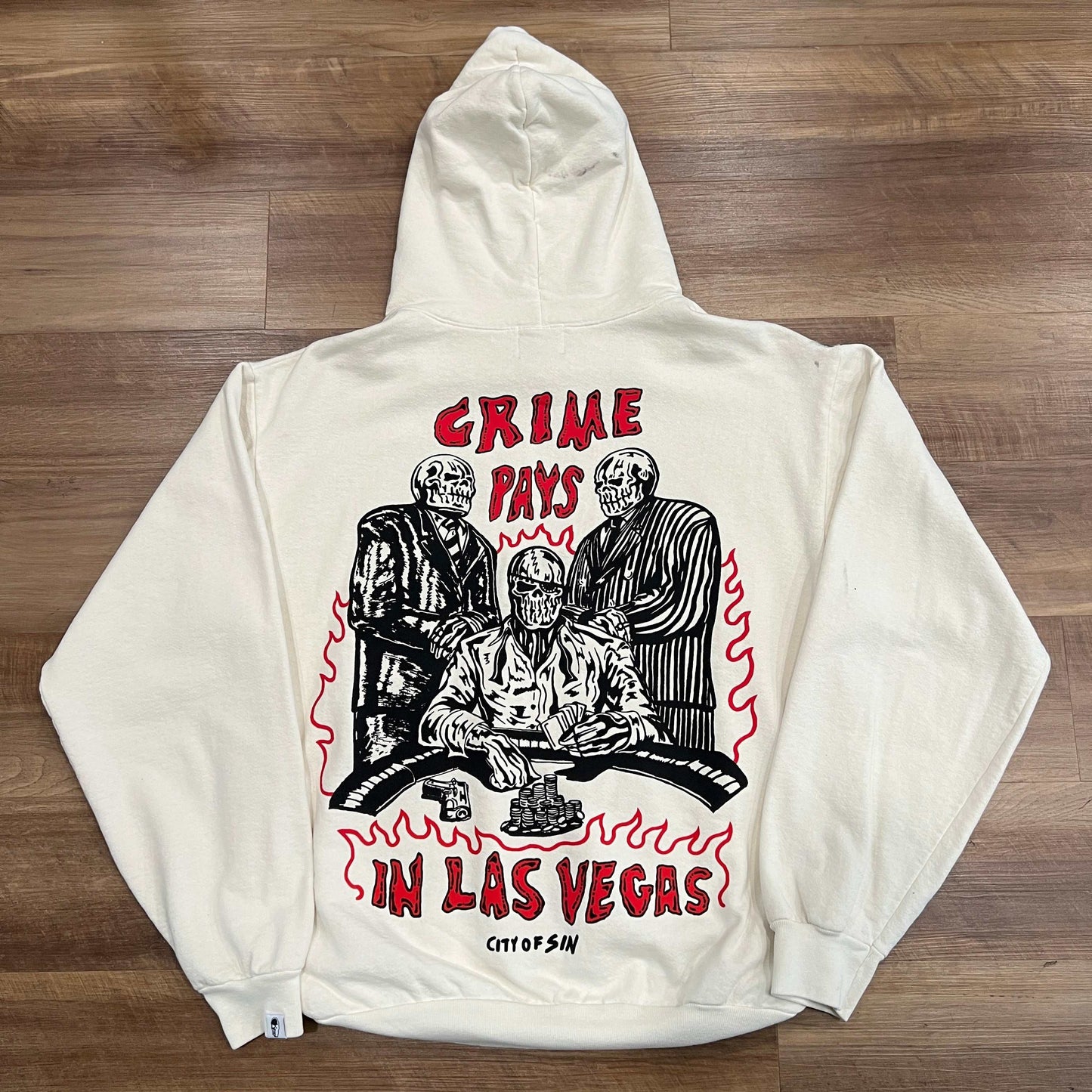 Warren Lotas Crime Pays Hoodie White, size L, brand new condition, features bold graphic on back.