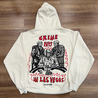Warren Lotas Crime Pays Hoodie White, size L, brand new condition, features bold graphic on back.