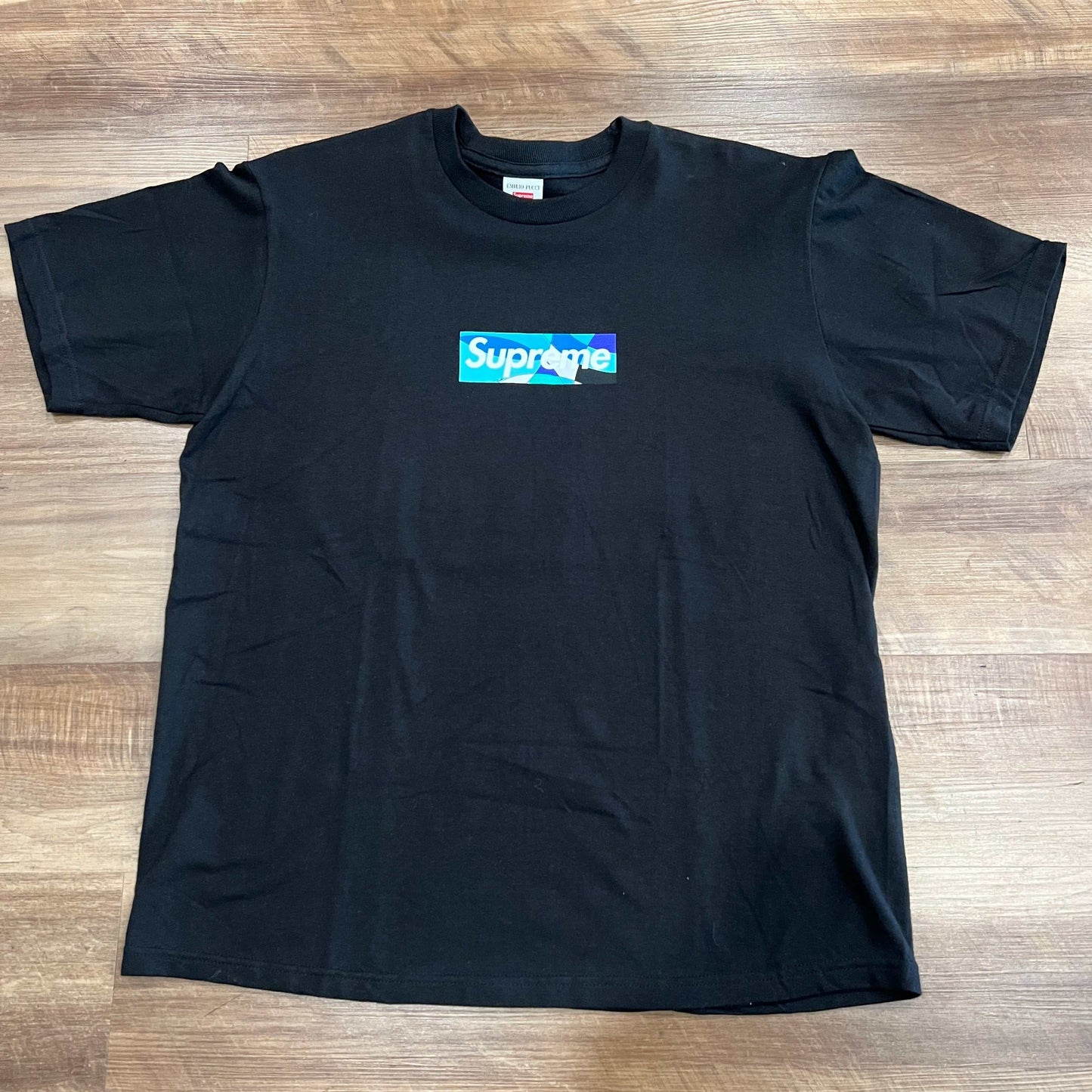 Black Supreme Emilio Pucci Box Logo Tee with blue design, size M, brand new.
