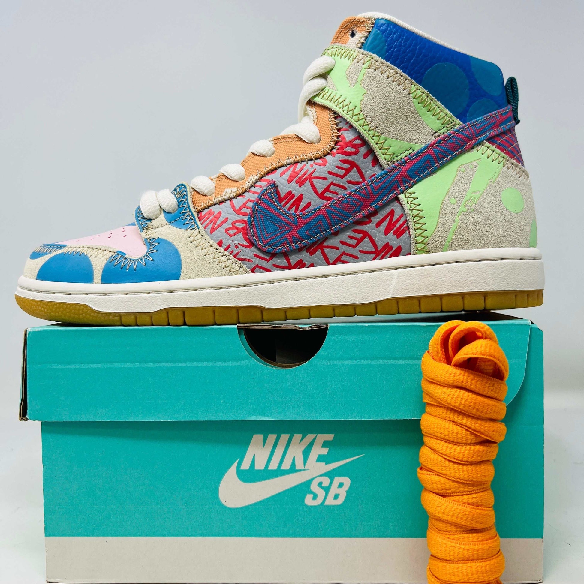 Nike SB Dunk High Thomas Campbell What The Dunk sneakers, multicolor with box and orange laces, 2017.