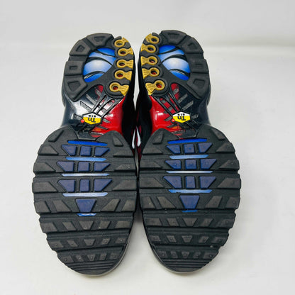 A pair of Nike Air Max Plus 25th Anniversary sneakers, featuring a blue and black wavy color pattern, sits atop a black shoebox. These authentic shoes boast the iconic Nike swoosh and visible air cushioning in the sole.