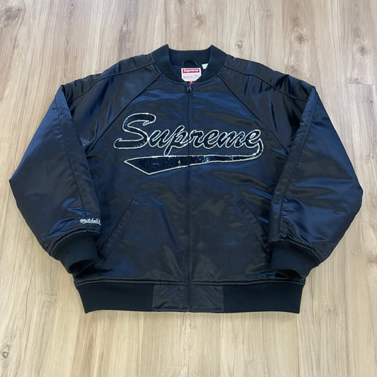 Supreme Mitchell & Ness Sequin Logo Varsity Jacket Black