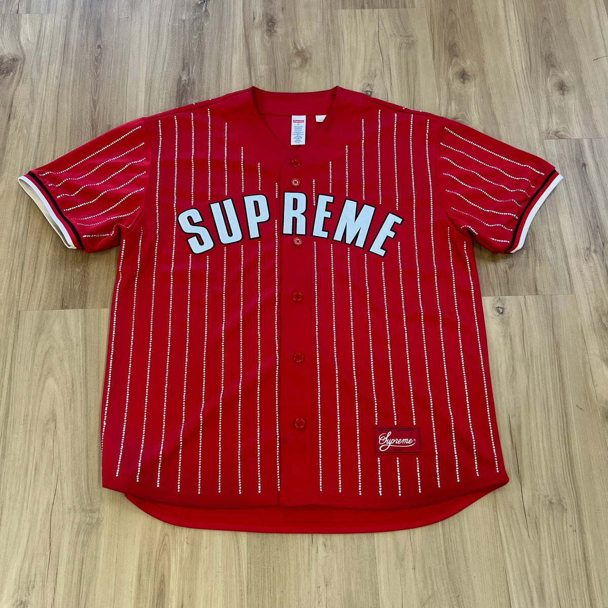 Supreme Rhinestone Stripe Baseball Jersey Red