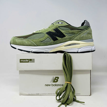 New Balance 990v3 MiUSA JJJJound Olive sneakers with extra laces, 2022 model.