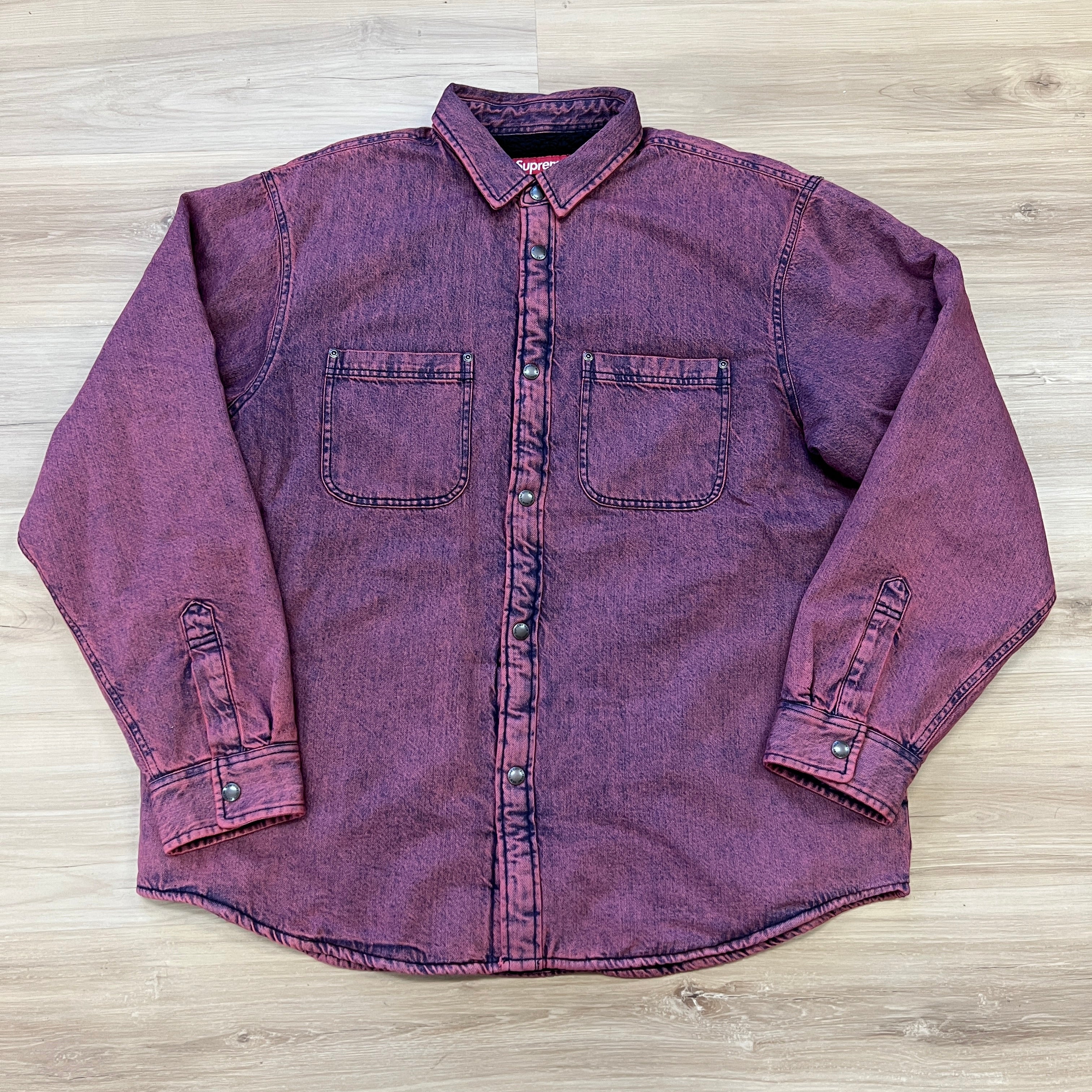 Supreme Shearling Lined Denim Work Shirt Overdyed Red – Holy Ground Supreme Shearling Lined Denim Work Shirt Overdyed Red – Holy Ground