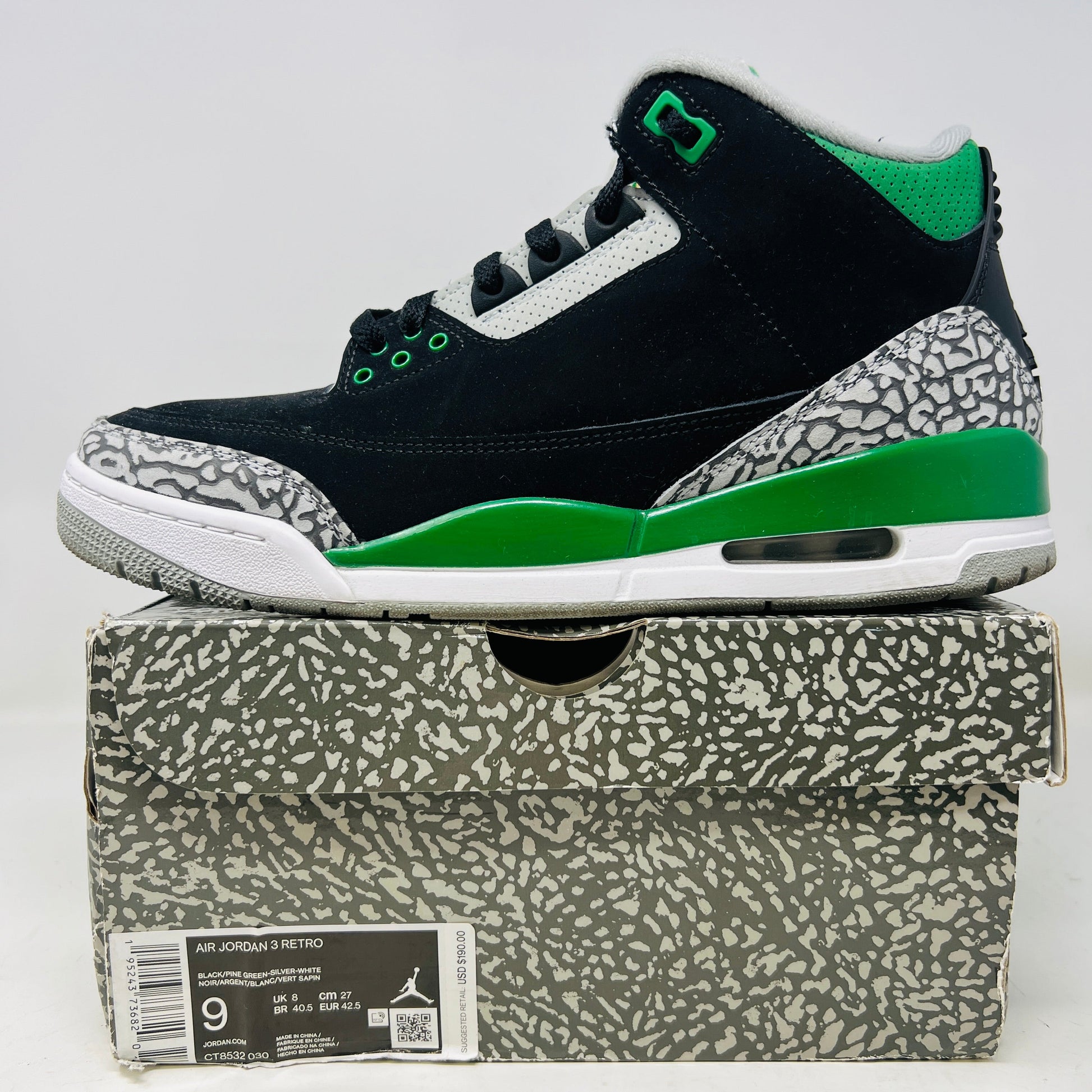 Jordan 3 Retro Pine Green sneakers with black, green, and gray design, 2021 model on original box.