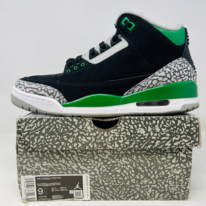 Jordan 3 Retro Pine Green sneakers with black, green, and gray design, 2021 model on original box.
