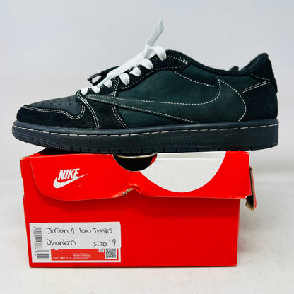 Jordan 1 Retro Low OG Travis Scott Black Phantom sneaker on red Nike box size 9