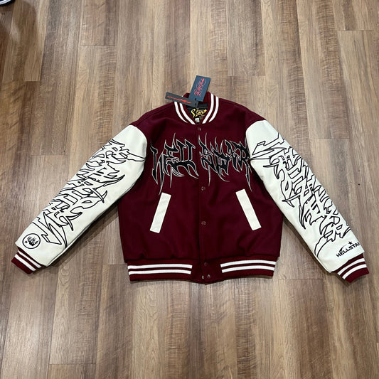 Hellstar Complexcon Coexist Varsity Jacket, brand new, red and white design with graphic sleeves.