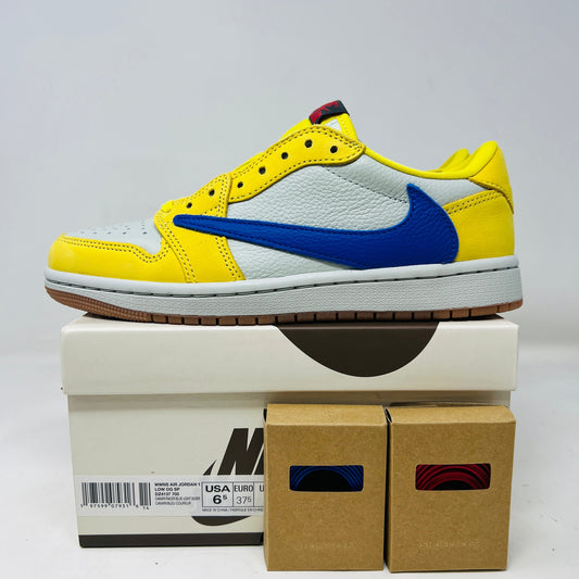 Jordan 1 Retro Low OG SP Travis Scott Canary Women's sneaker with yellow and blue accents, damaged box lid, 2024 release.