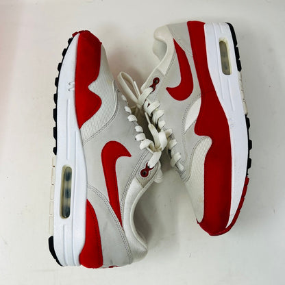 Nike Air Max 1 Anniversary Red sneakers in white and red, 2018 restock, 8.5/10 condition, on original box.