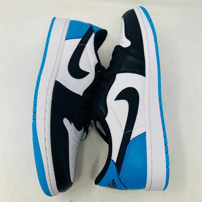 Jordan 1 Low OG Powder Blue sneakers with blue accents and extra laces, 2022 model.